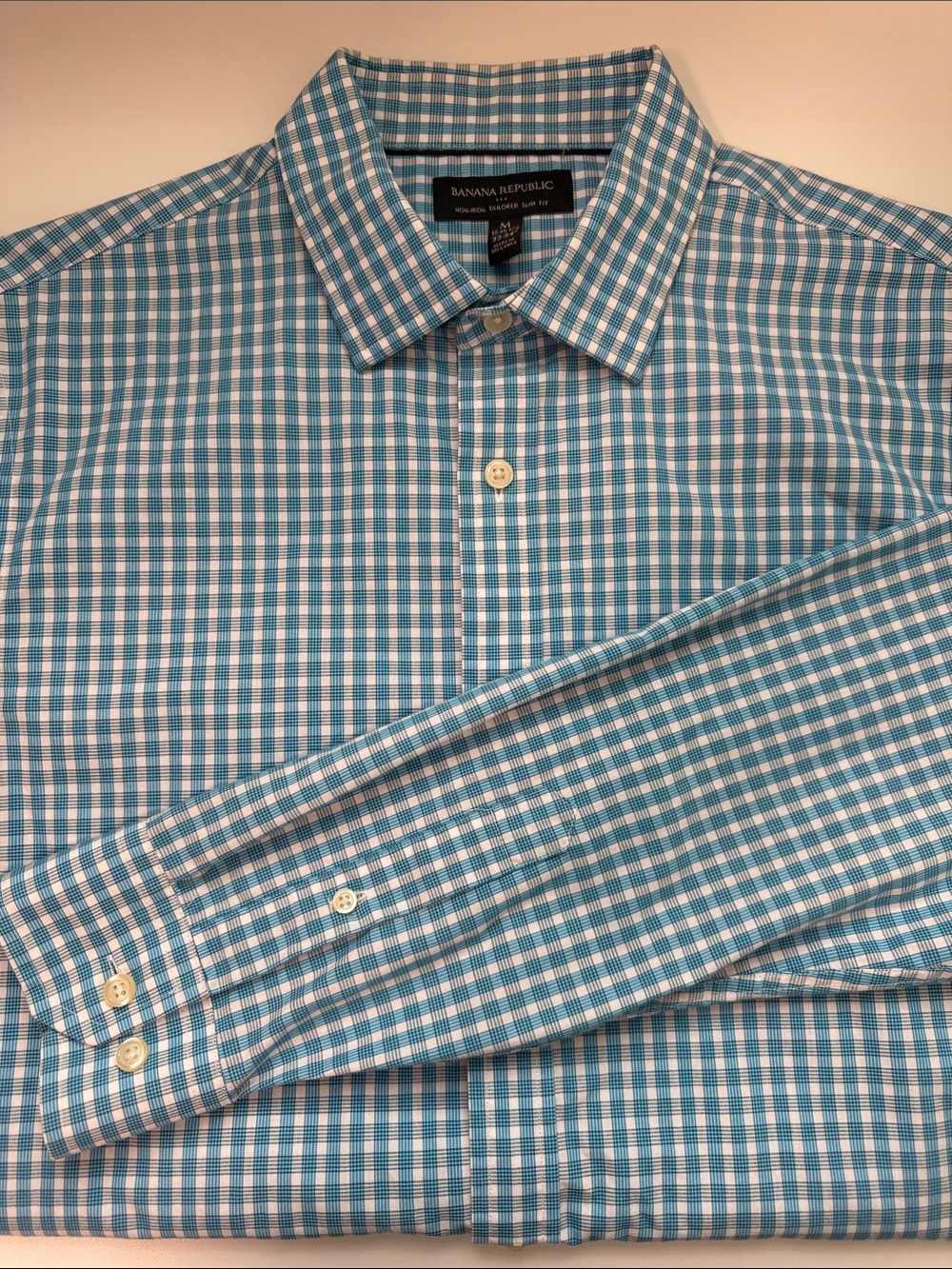 Banana Republic Men's Teal and White Check Dress Shirt